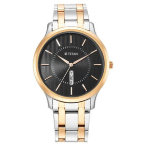 titan karishma quartz analog black dial two toned stainless steel strap watch for men