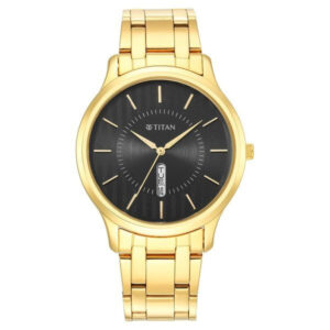 titan karishma quartz analog with day & date black dial golden stainless steel strap watch for men