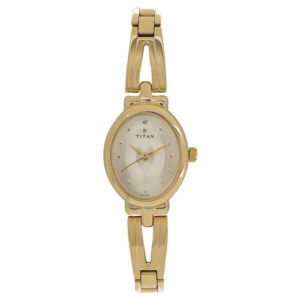 titan quartz analog champagne dial golden stainless steel strap oval shaped watch for women