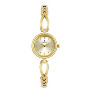 titan quartz analog champagne dial metal strap watch for women