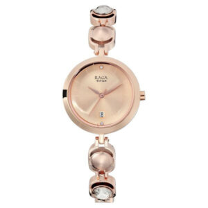 titan raga viva rose gold dial analog with date metal strap watch for women