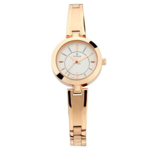titan quartz analog silver dial rose gold metal strap watch for women