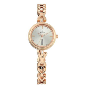 titan quartz analog with day & date silver dial metal strap watch for women