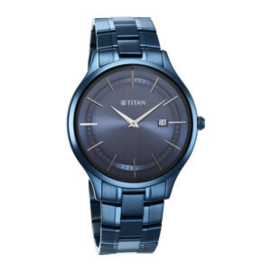 titan classique slimline blue dial quartz analog with date stainless steel strap watch for men