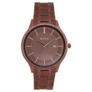 titan classique slimline brown dial analog with day & date stainless steel strap watch for men