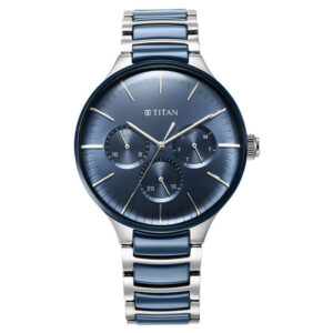 titan ceramic fusion quartz multifunction blue dial silver dual toned stainless steel bracelet watch for men