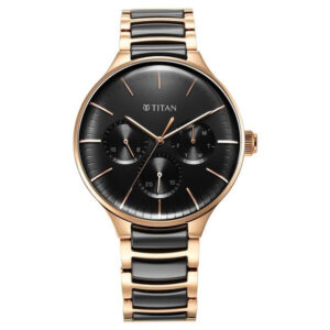 titan ceramic fusion quartz multifunction black dial rose gold dual toned stainless steel bracelet watch for men