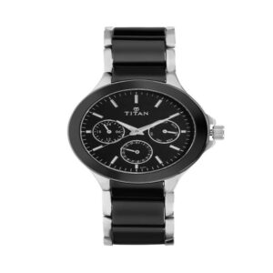titan ceramics black dial quartz multifunction stainless steel & ceramic strap watch for men